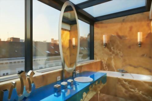 Classical Music Style SunRoom Onyx Bathroom with City Views.
