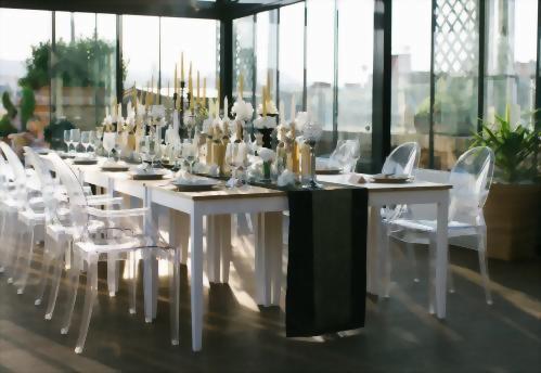 Table decor at a beautiful High Note SkyBar Pavilion wedding reception.